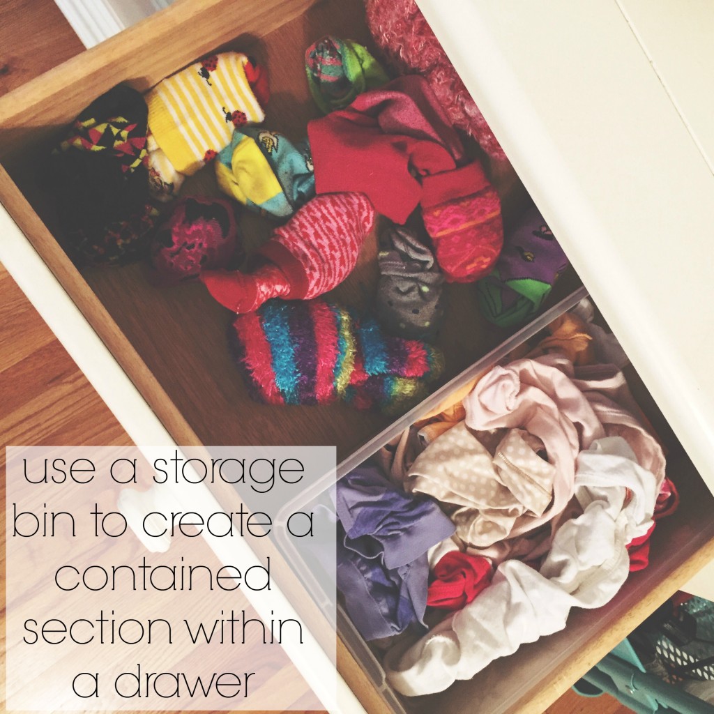 use a storage bin to create a contained section within a drawer